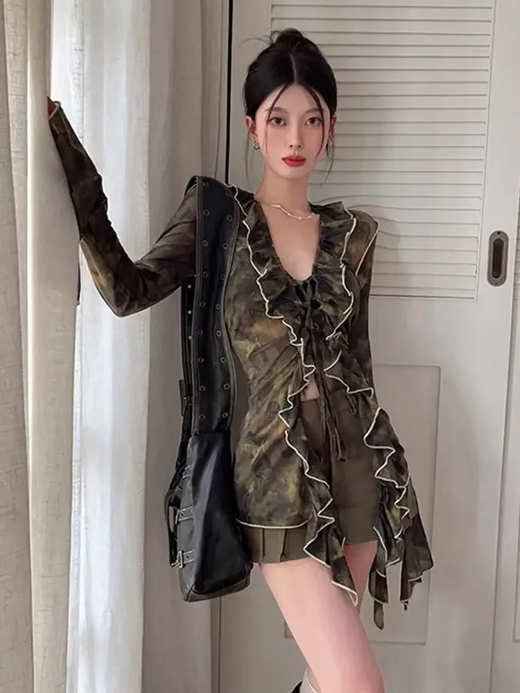 フリル V ネックフレアスリーブ女性シャツスリムヴィンテージ原宿ブラウス Y2k 美的タイダイグランジエレガント Blusas Mujer デモーダ