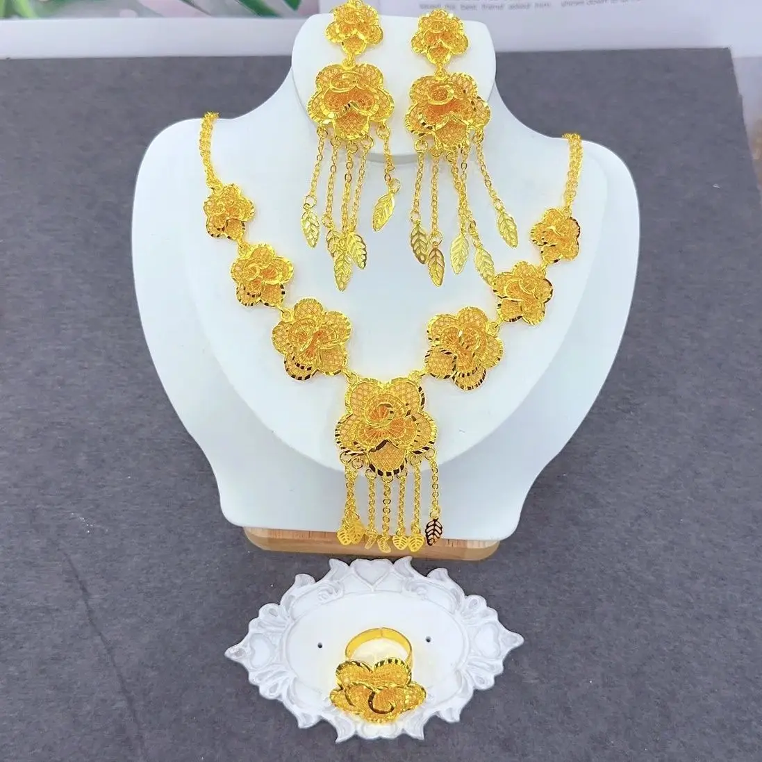 Popodion  Dubai 24K Gold Plated Flower Shaped Earrings Necklace Women\'s Ring Wedding Jewelry Three Piece Set  YY10359