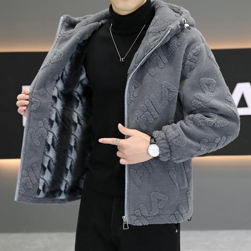 

Men's Winter Thiened Fce Lined Woolen Jaet ort Quilted Warm Cotton Coat Lamb Fur Collar Trendy Casual Sle Zipper C...