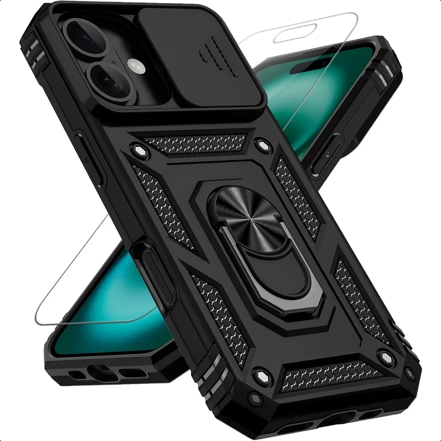 

for iPhone 17 Case with Slide Camera Cover HD Screen Protector [Military Grade 16ft. Drop Tested] Ring Holder Kickstand Protect