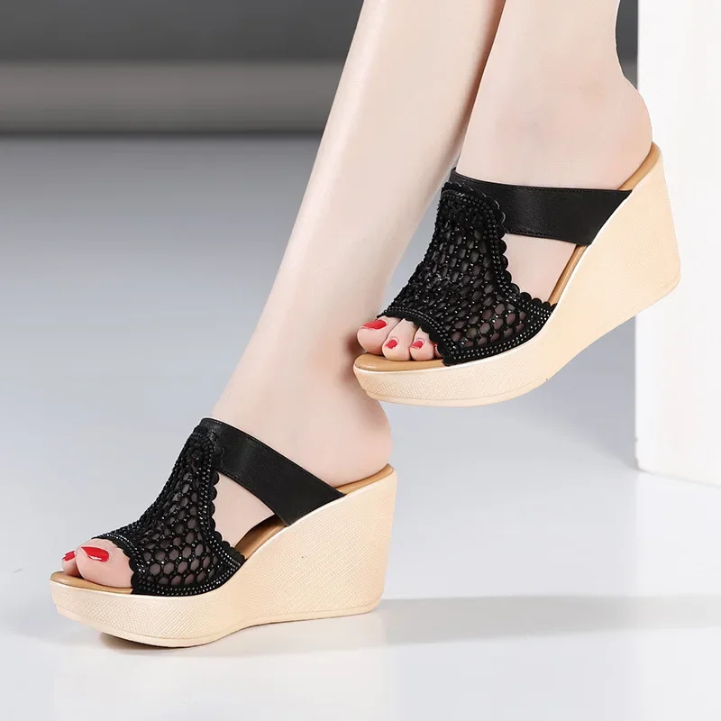 8cm Small Size 32-43 Elegant Cutout Platform Wedges Slippers 2024 Summer High Heels Slides Women Shoes for Office Beach Daily