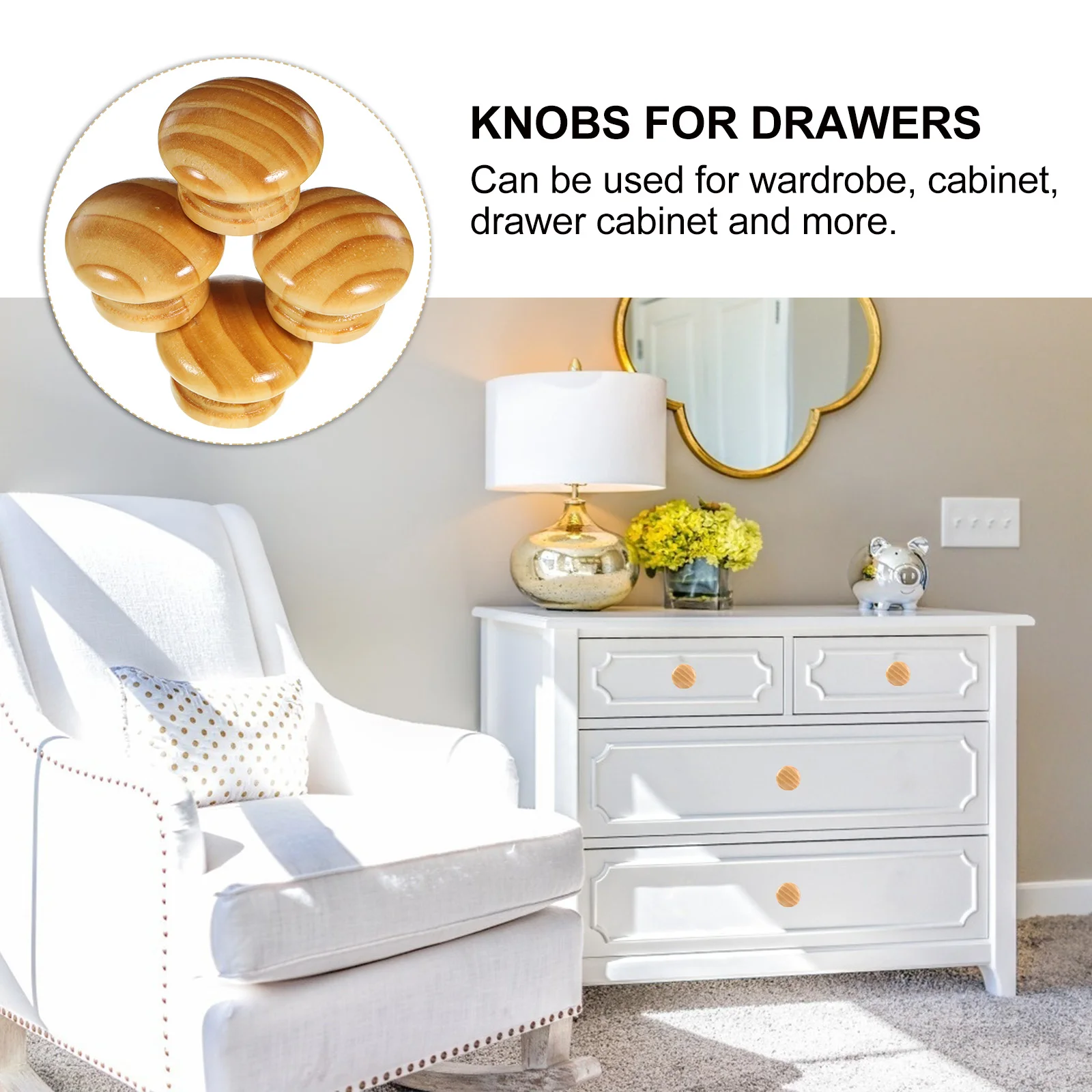 

4pcs Solid Wood Handle Durable Rust Resistant Round Cabinet Pulls Easy Install Furniture Accessory Drawer Knobs Door Handles