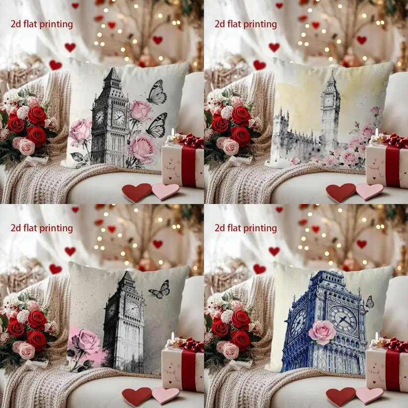 

Home Decor Big Ben, Roses & Butterflies Decorative Pillow Cover Pattern Cushion Cover Suitable for Sofa Bedroom Car Pillow Cover