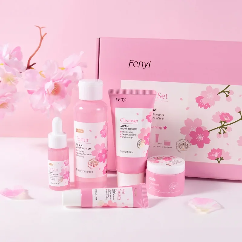 Set per la cura della pelle giapponese Sakura Kit per la cura del viso da 5 pezzi Crema per l'essenza Detergente Tonico Siero Crema per gli occhi Idratante Linee sottili e lisce