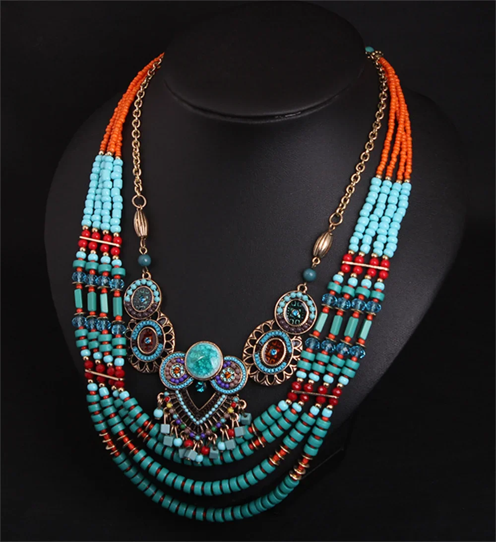 Charm Ethnic Multi-layer Colors Beads Gem Handmade Bohemia Design Necklace for Woman Female Jewelry Exaggerated Accessories