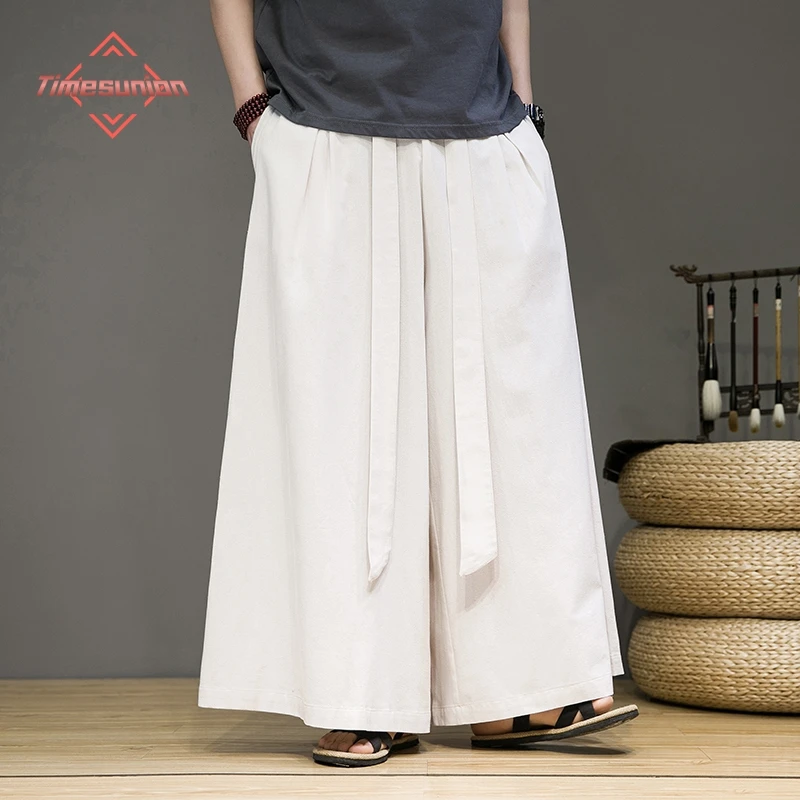 Men Wide Leg Pants Mens Cotton Joggers Retro Loose Trousers Man Chinese Style Linen Pants Male Big Crotch Nepal Robe Pants