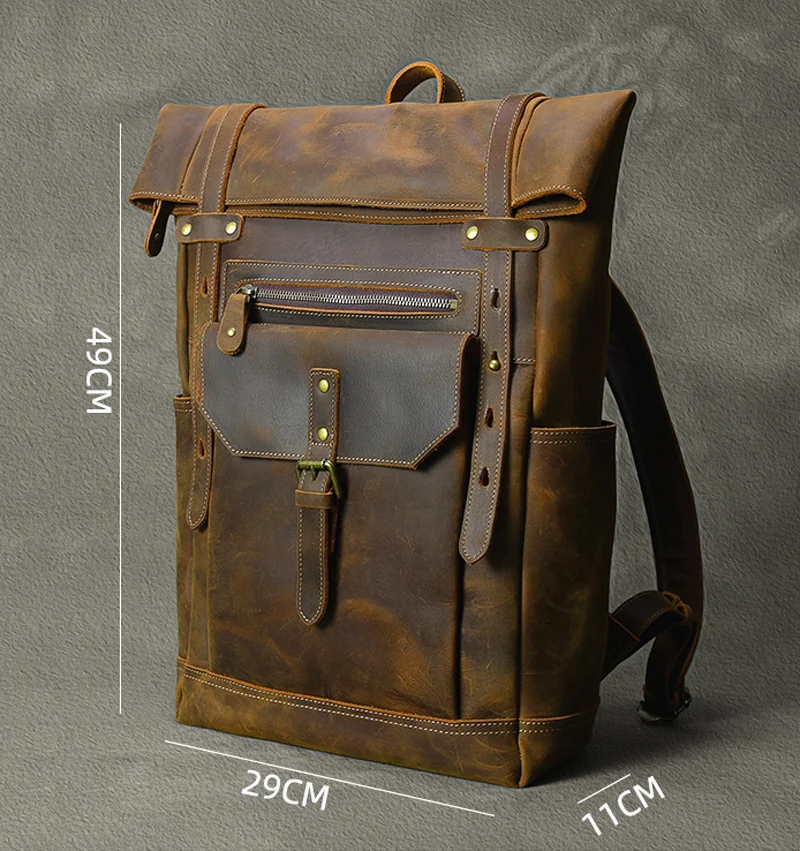 Retro Genuine Leather Men's Backpack Large Hiking Bagpack Bag Crazy Horse Leather Travel Backpack Male Rucksack 15.6“Laptop Bag