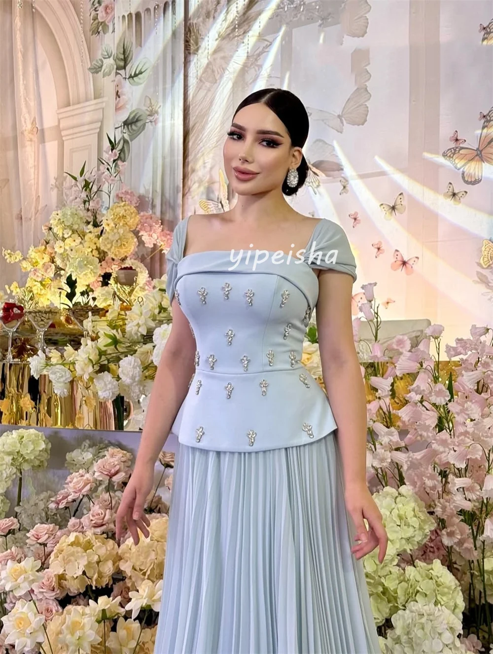 Customized Exquisite Jersey Pleat Draped Rhinestone A-line Off-the-shoulder Long Dresses Bespoke Occasion Dresses Retro Fashion