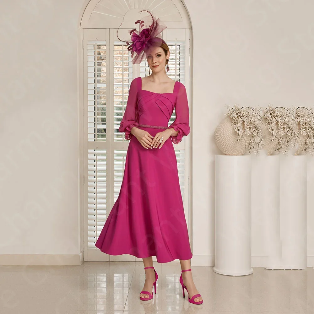New Arrival Mother of the Bride Dresses Magenta Square Neckline Mother Gowns 2024 Mid Calf Length Wedding Party Dresses Short
