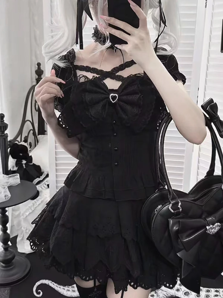 Japanese Retro Bow Slim Puff Sleeve T-Shirts + High-waist Lace Cake Skirt Suit Summer New Dark Academic Style 2-piece Set Women