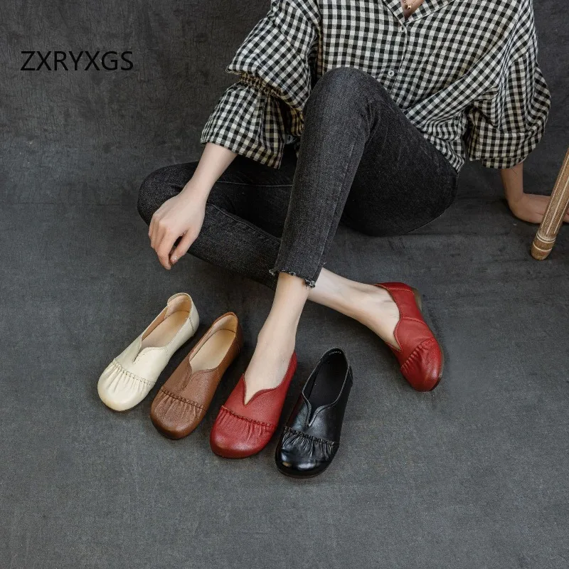 ZXRYXGS Promotion Soft Cowhide Retro Mother's Flats Fashion Shoes Autumn 2026 Soft Sole Comfortable Trendy Shoes Women Flat Shoe