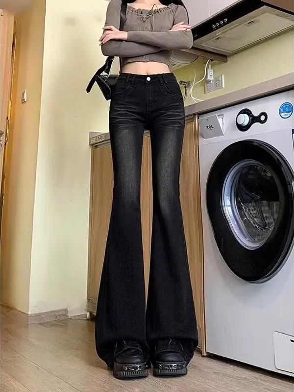 American Style High Waist Washed Micro Flared Denim Jeans Women's Slim Fit Bootcut Pants Autumn New plus Size Elastic