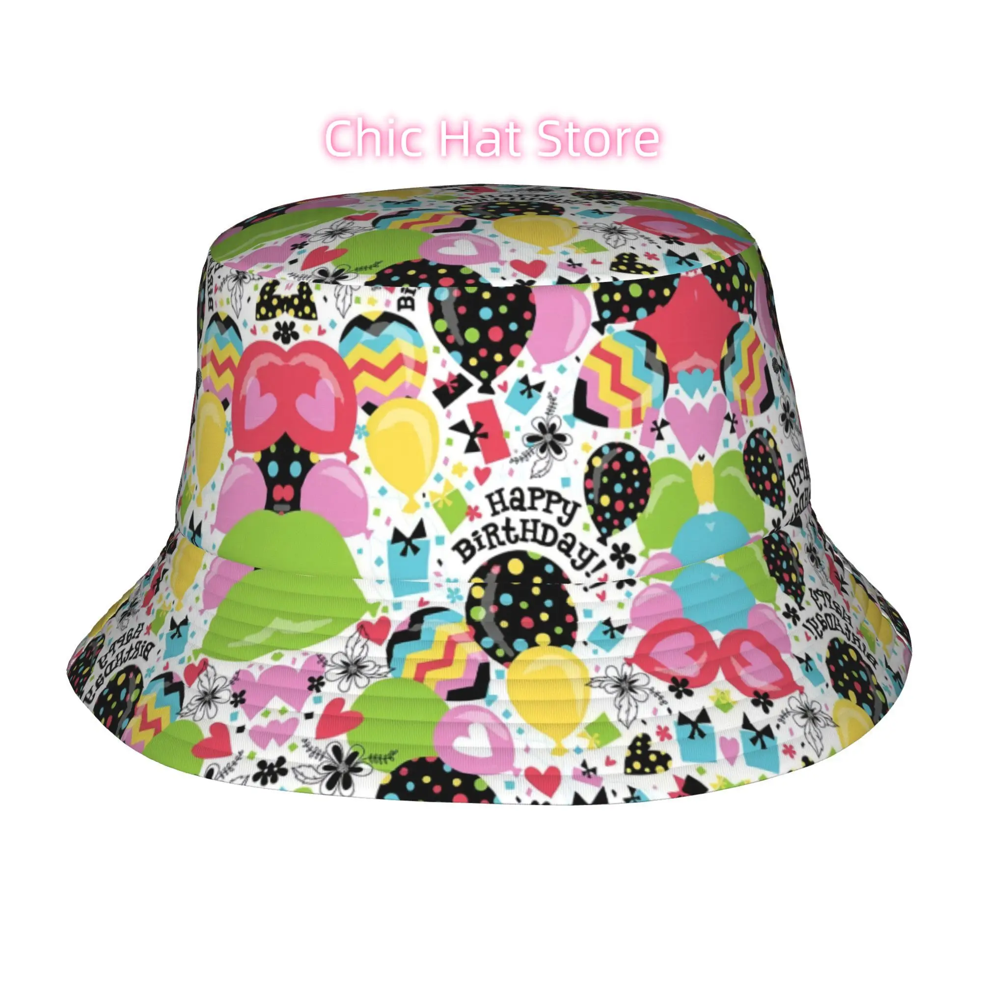 1pc Happy Birthday Balloon Pattern Fully printed fisherman hat beach hat, unisex outdoor sun hat, sun hat, fashionable bucket ha