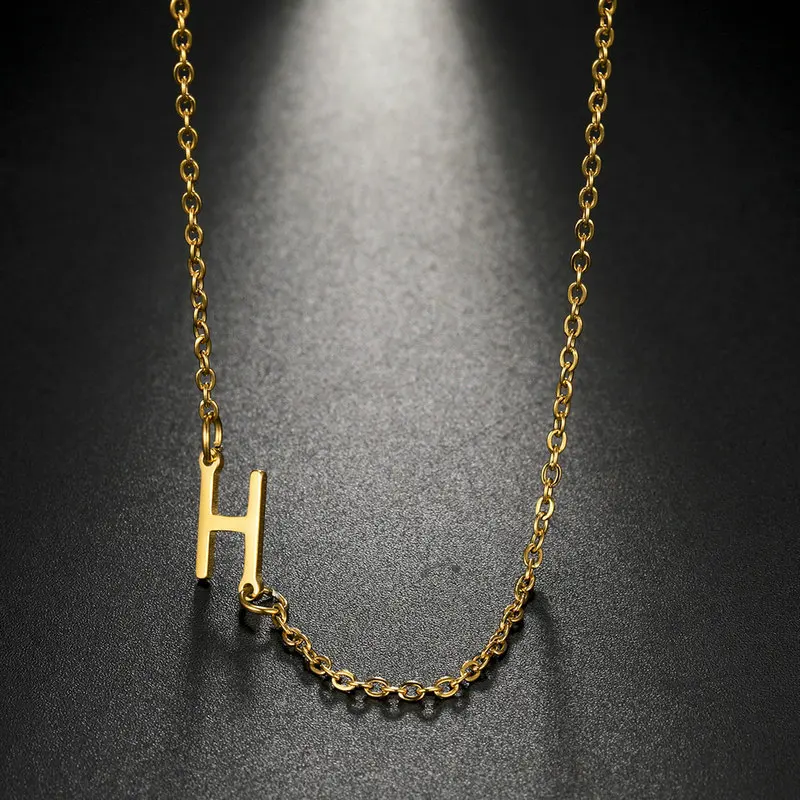 Minimalist Sideways Initial Letter Pendant Necklace 316L Stainless Steel 18K Gold Plated Dainty Rolo Chain Personalized Name Jew