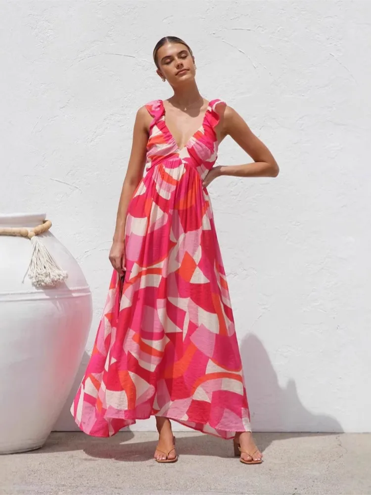 

Woman Foreign Style Color Matching Sleeveless Dress Summer Fashion Print Sexy Deep V-neck A-line Dresses Lady Vacation Vestidos