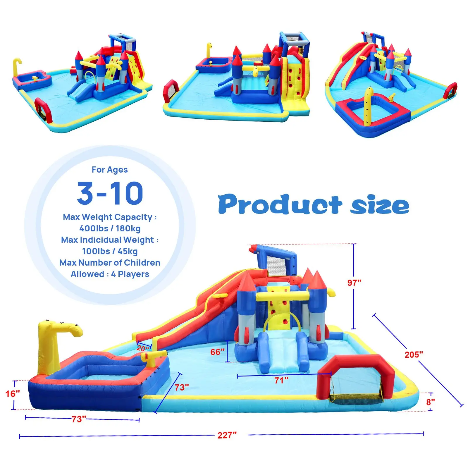 Parc aquatique toboggan gonflable 10 en 1, maison gonflable, jardin avec piscine anti-éclaboussures, odorà eau, basket-ball, mur d'escalade, doubles piscines