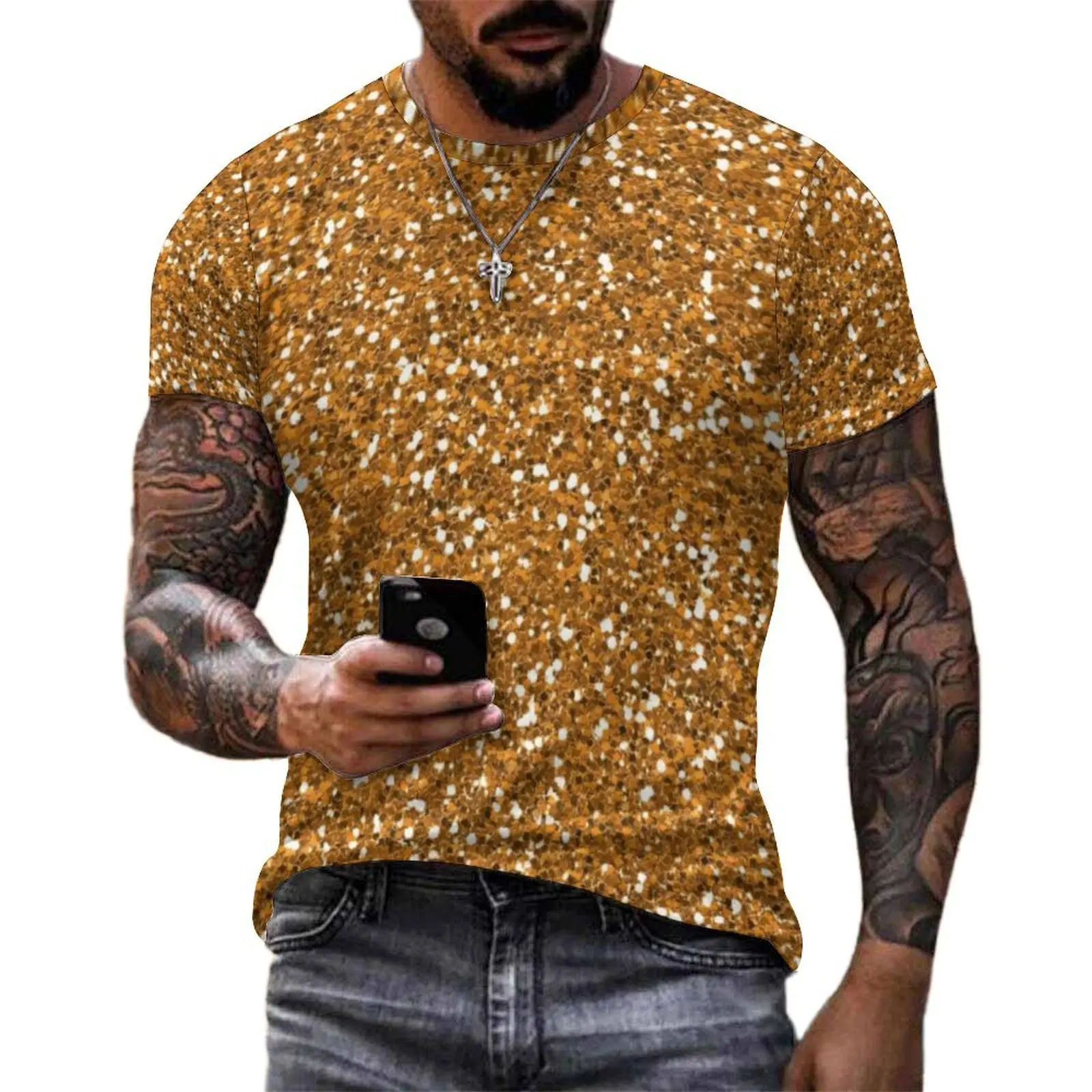 Bling Sparkle T Shirt Gold Glitter Print Vintage T-Shirts Men Street Style Tshirt Summer Short-Sleeved Graphic Tees Plus Size