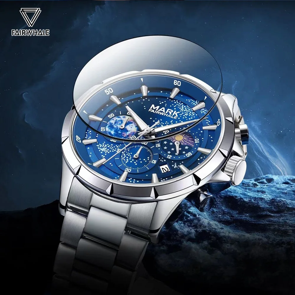 2023 Luxury Watch For Mens Mark Fairwhale Stainless Steel Business Watches Fashion Phase Moon Luminous WristWatch Man Gift Reloj