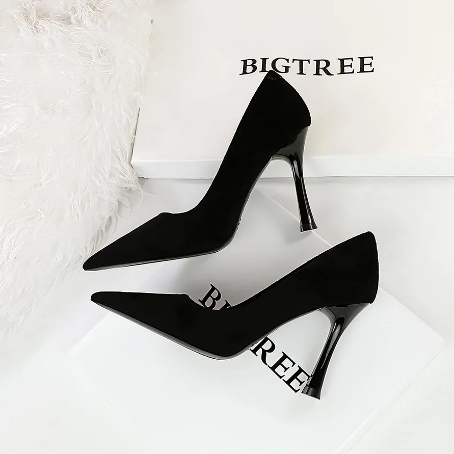 

New Style Minimalist Slimming Banquet High Wine Glass Ultra-high Heels Suede Shallow Mouthed Pointed Women's Singles Shoes Pumps