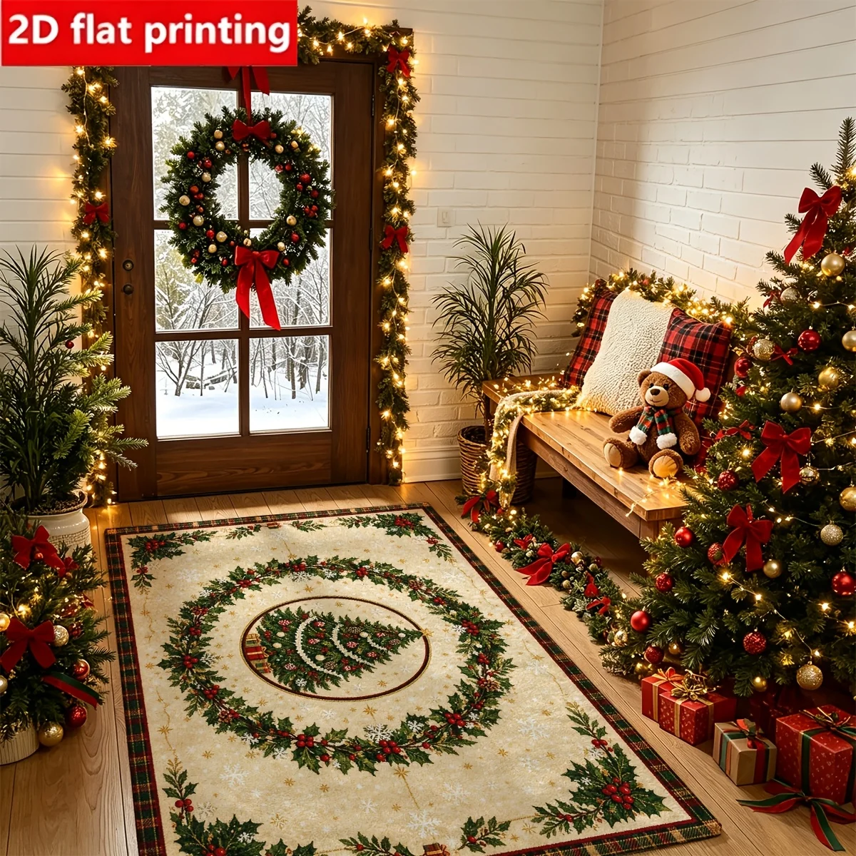 1pc 2D Flat Christmas Tree Wreath Holly Berry Printed Floor Mat, Decorative Rug for Living Room, Bedroom, Home