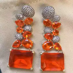 Bilincolor Big Orange Red Cubic Zirconia Earring for Women Wedding Party