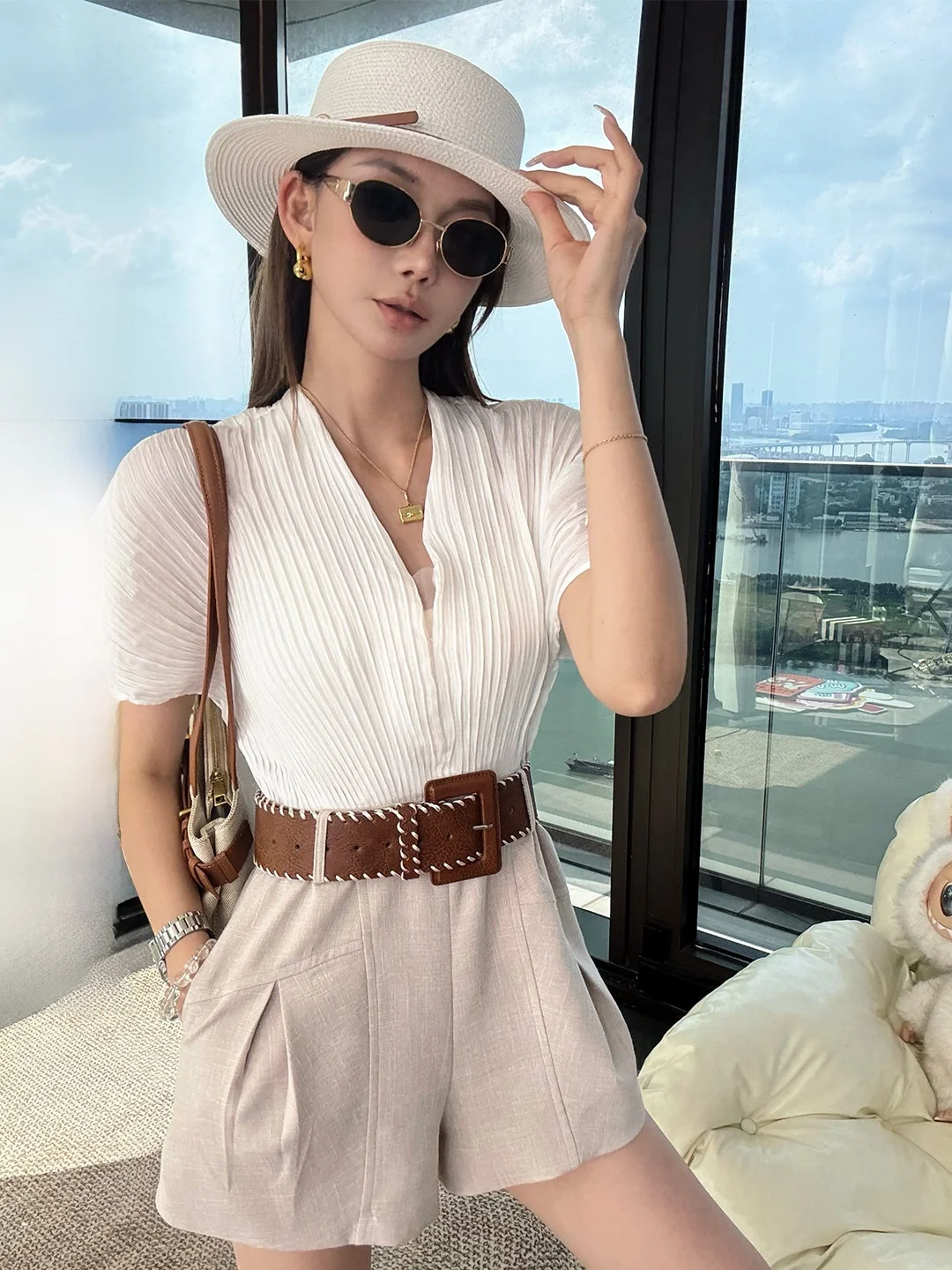

Ele Old Money Sle Suit Women's Summer Design Unique V-ne ort Sve Dr ort Pants High Waist Polyester