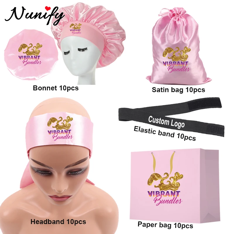 

Customize Logo Black Wig Band Satin Bags & Paper Packaging Bags For Multiple Wigs Silk Sleeping Bonnet Satin Headband 10Pcs Sets