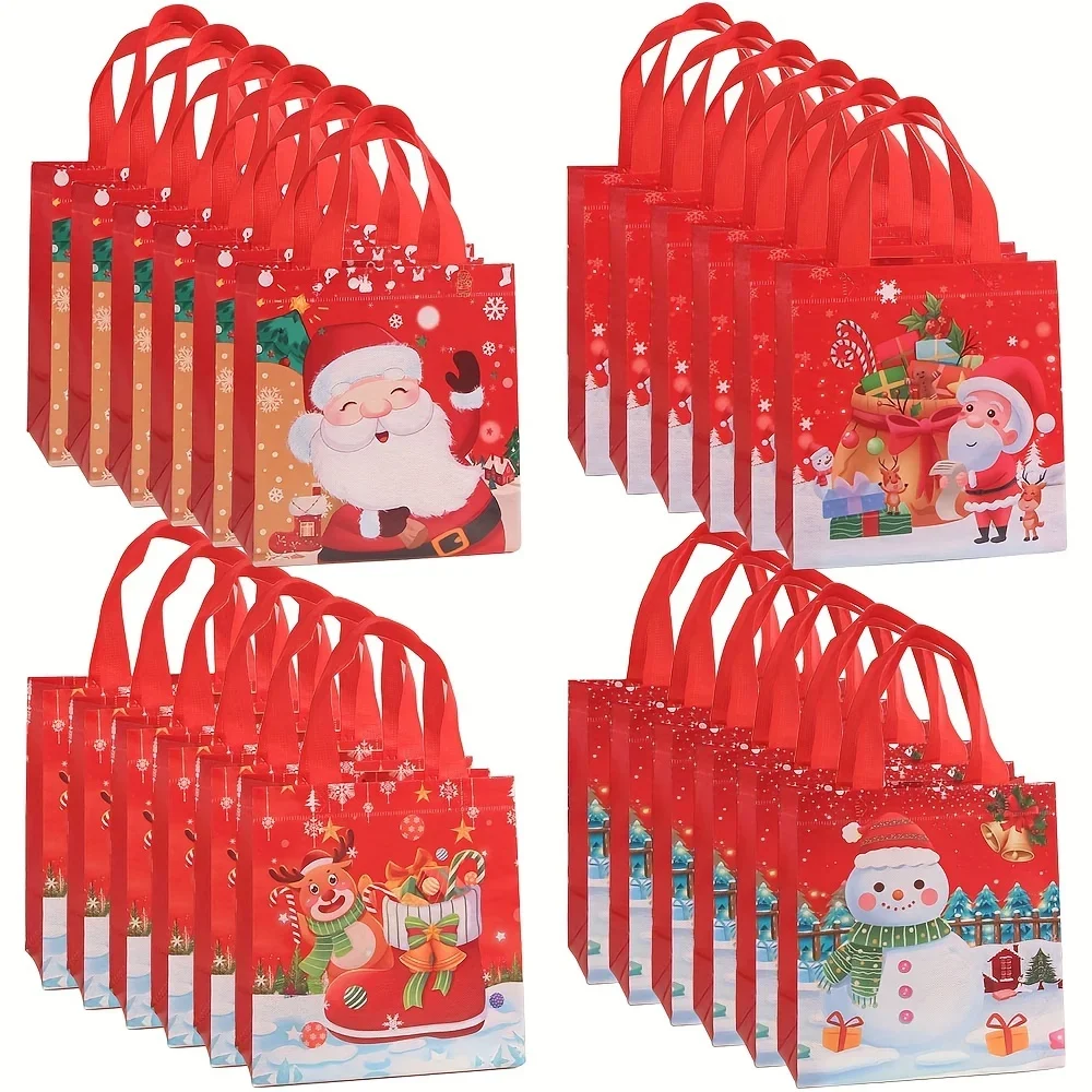 24pcs Foldable PP Christmas Gift Bags Red Santa Reindeer Snowman Prints for Party Favors Presents Reusable Tote Bag with Handles