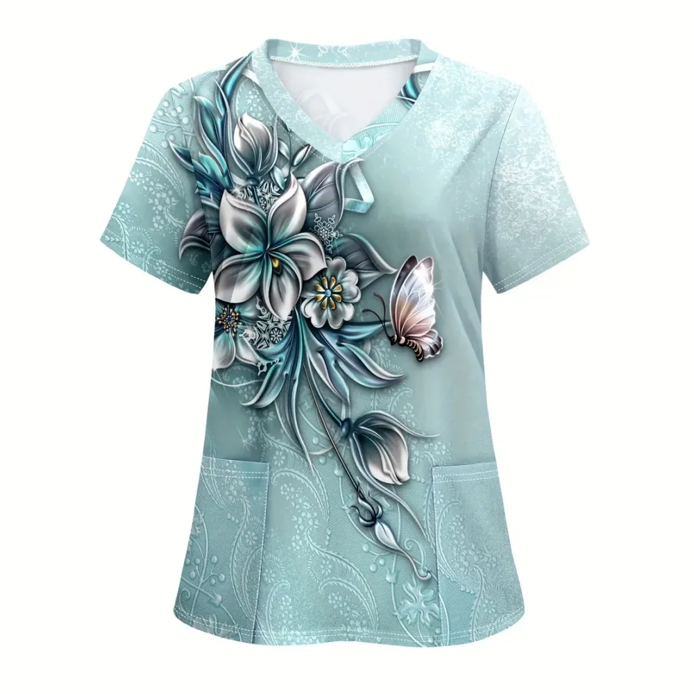 Scrub Medical Woman Floral Print Vet Nursing Tops For Woman 3D Flower Print Female Short Sleeve Summer Women's T-shirt Tee 2025