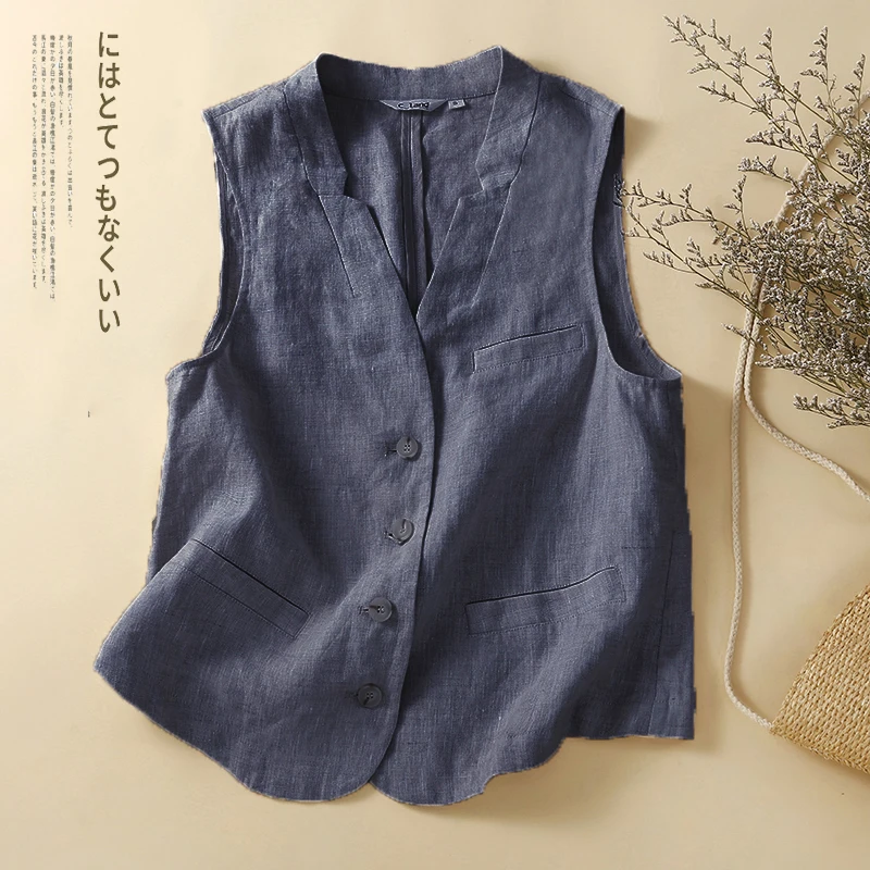 

New Cool Breeze Cotton Linen Vest Svel Versatile Slimming Cardigan ort Length Single Button Summer Faion Women's Vest