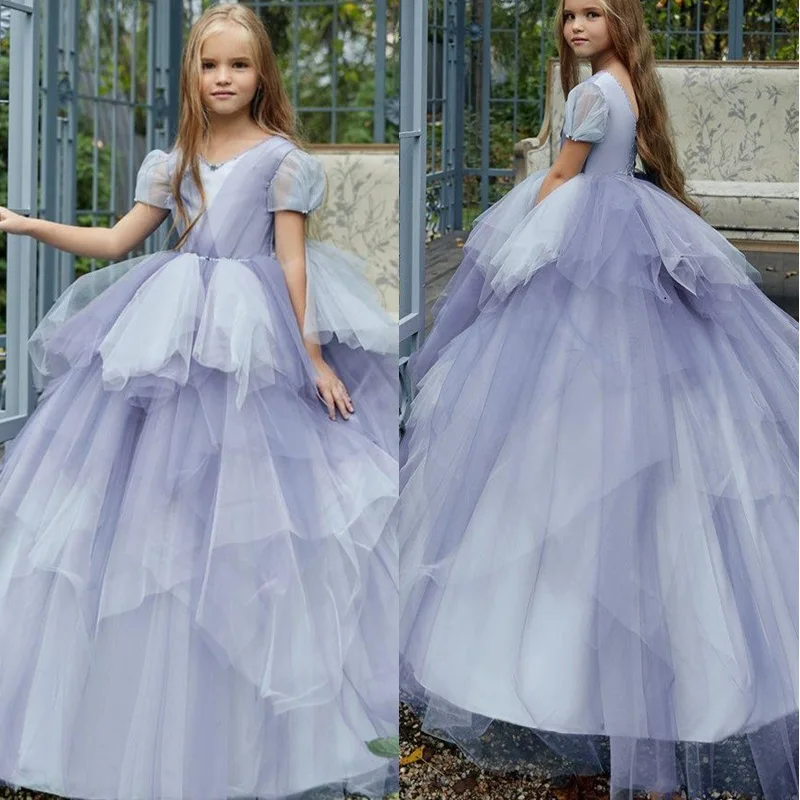 

Tulle Fluffy Flower Girl Dress For Wedding Short Sleeve Beading Pearls Floor Length Birthday Party First Communion Ball Gowns