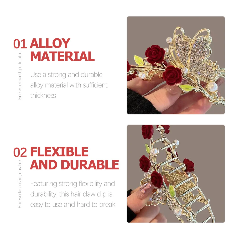 

Заколка-краб для волос в форме розы с жемчугом и стразами, простая в использовании, прочная, для укладки волос