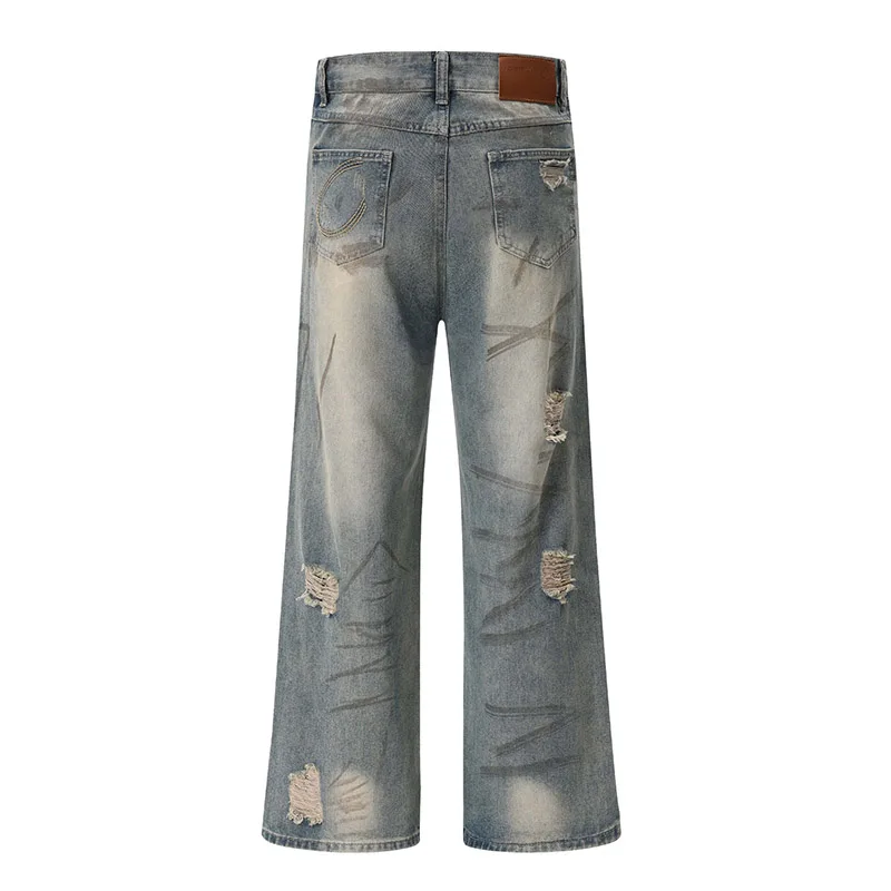 Hi Street Graffiti Printed Jeans Pants Washed Harakuju Streetwear Denim Trousers For Male Straight