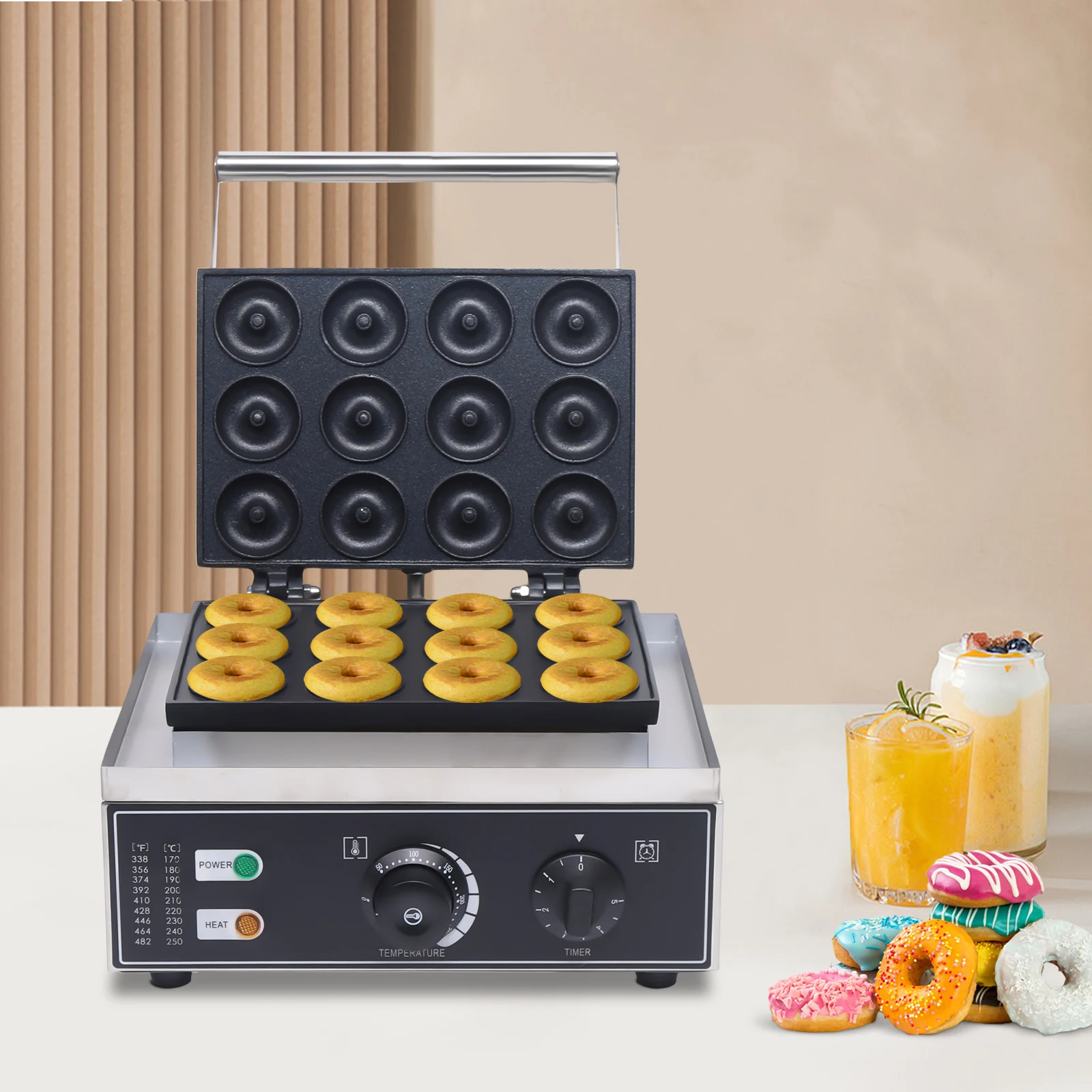 

1550W 110V 12-compartment Baking Pan Doughnut Maker with Non-stick Coating and Anti-slip Foot Pad for Parties, Cafes, Tea Stores