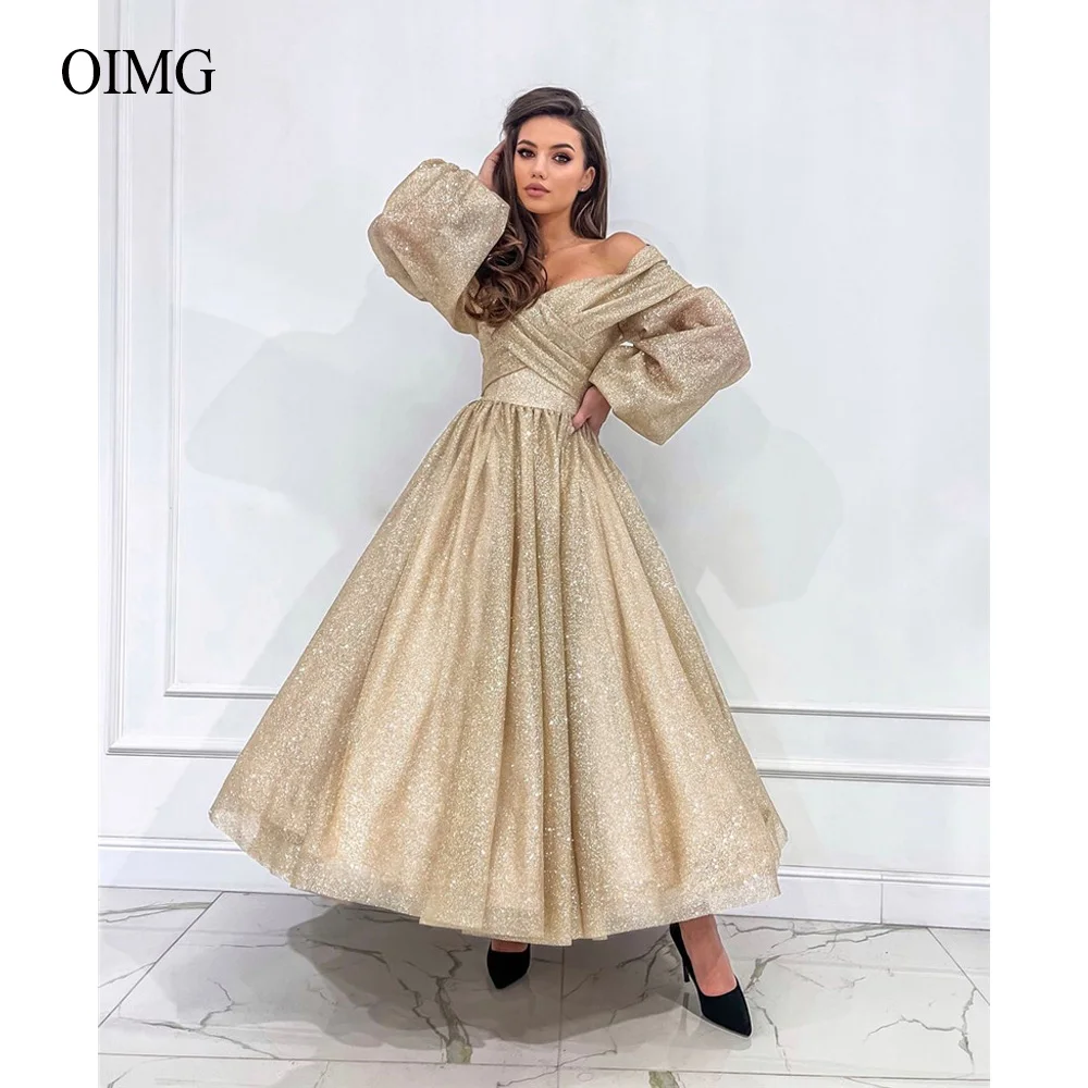 Glitter Champagne Prom Evening Dresses Off The Shoulder Puff Long Sleeves Ankle Length Dubai Arabic Women Formal Party Gown