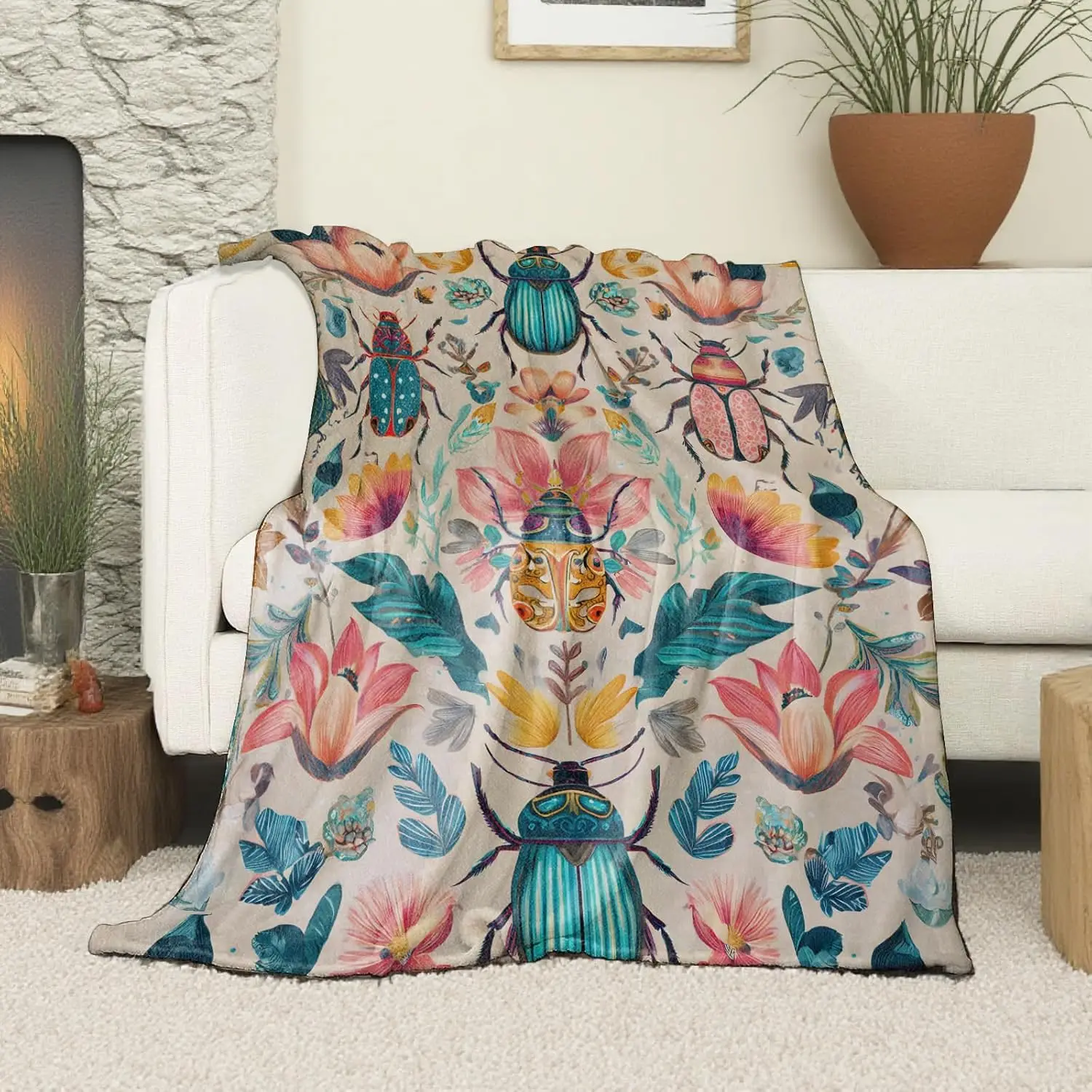 Vintage Colorful Scarab Beetle Floral Leaves Print Soft Flannel Blanket Bohemian Art Throw for Sofa Bedroom Home Decoration