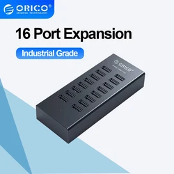 ORICO Industrial USB Hub Aluminum 16 Port USB Splitter USB Docking Station with 12V Power Adapter for PC Laptop Accessories