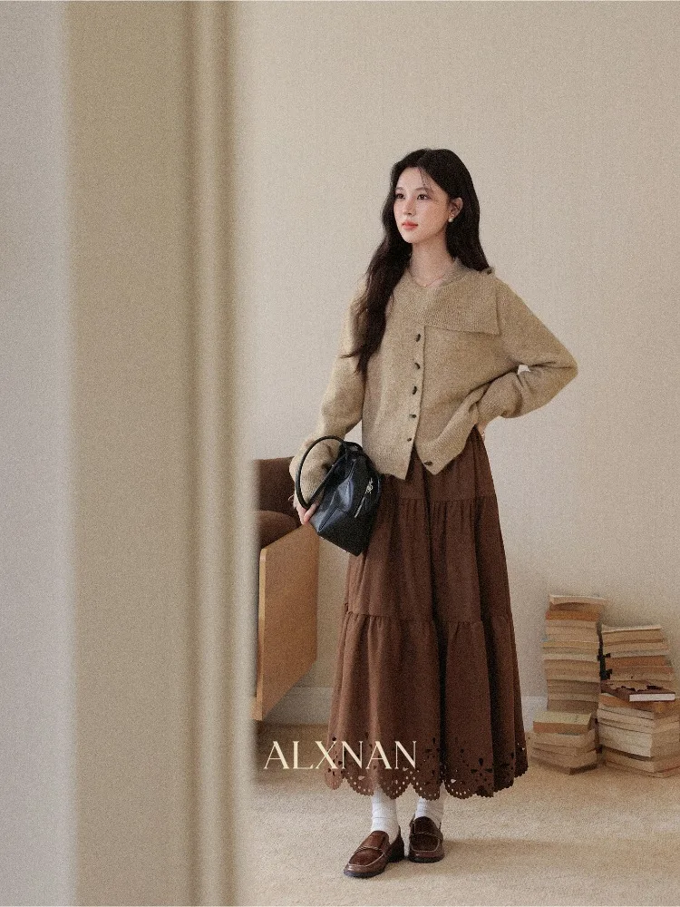 Alxnan camisola feminina marrom chique grande lapela malha pulôver outono inverno solto-ajuste casual manga longa quente senhoras topos l58019