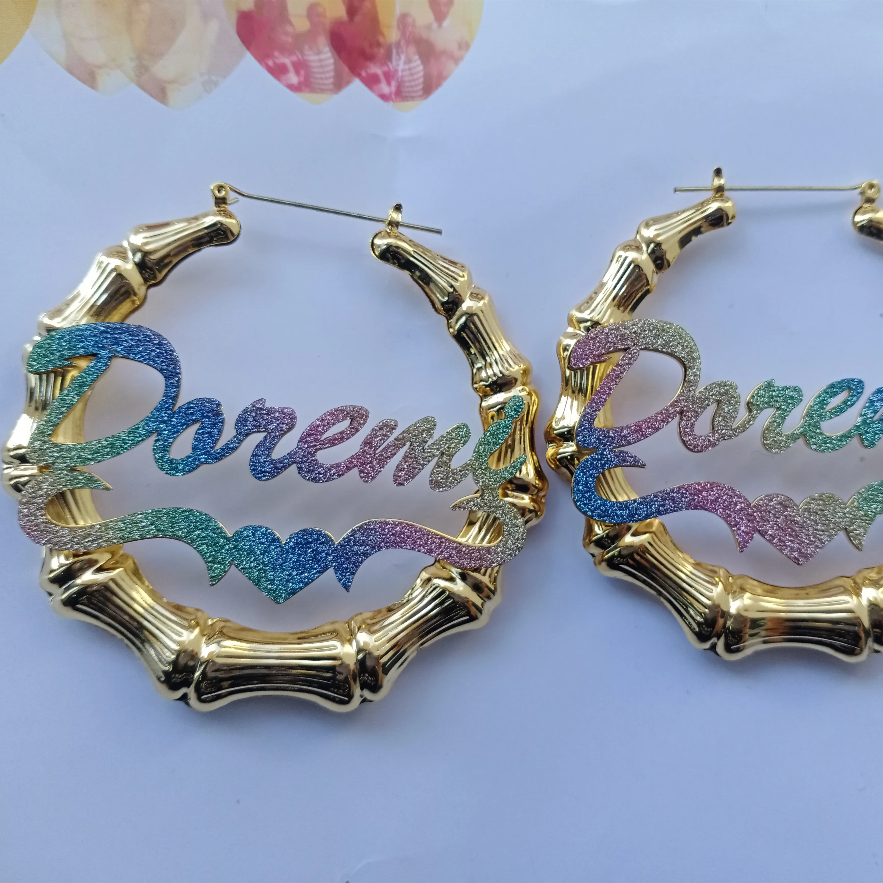 

Lateefah Colorful Custom Bamboo Name Earring Glitter Color Sticker Bamboo Hoop Earrings Stainless Steel Earrings for Women Gifts