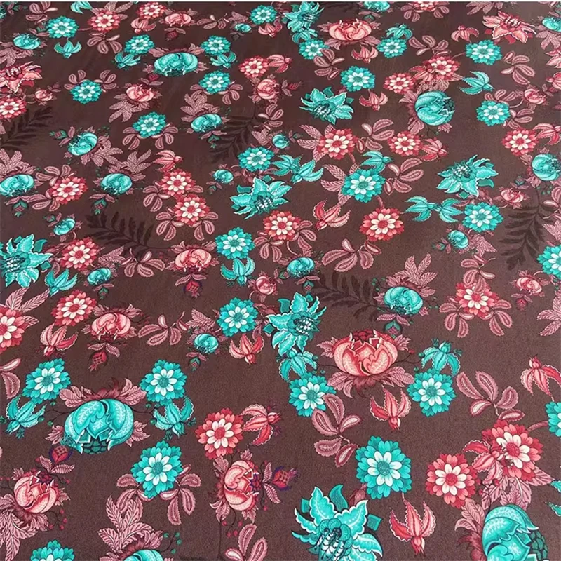 

1 meter 90% Mulberry Silk 10% Spandex 19 momme Charmeuse Silk Fabric Coffee Floral Printed 140cm 55" wide by the yard XY034