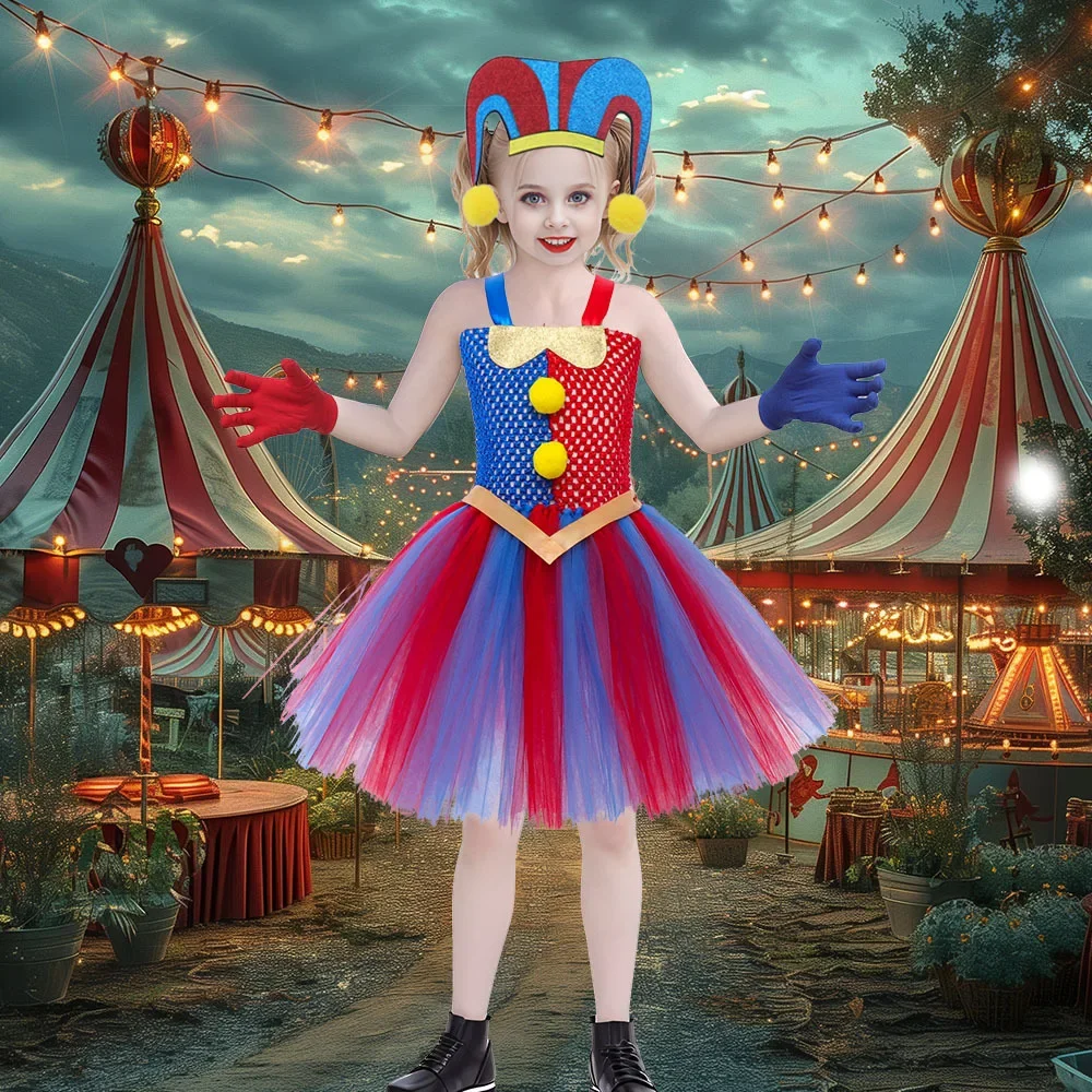 Pomni Costume Kids Tutu Dress Cartoon The Amazing Digital Circus Clown Cosplay Costumes Girls Halloween Carnival Party Clothes