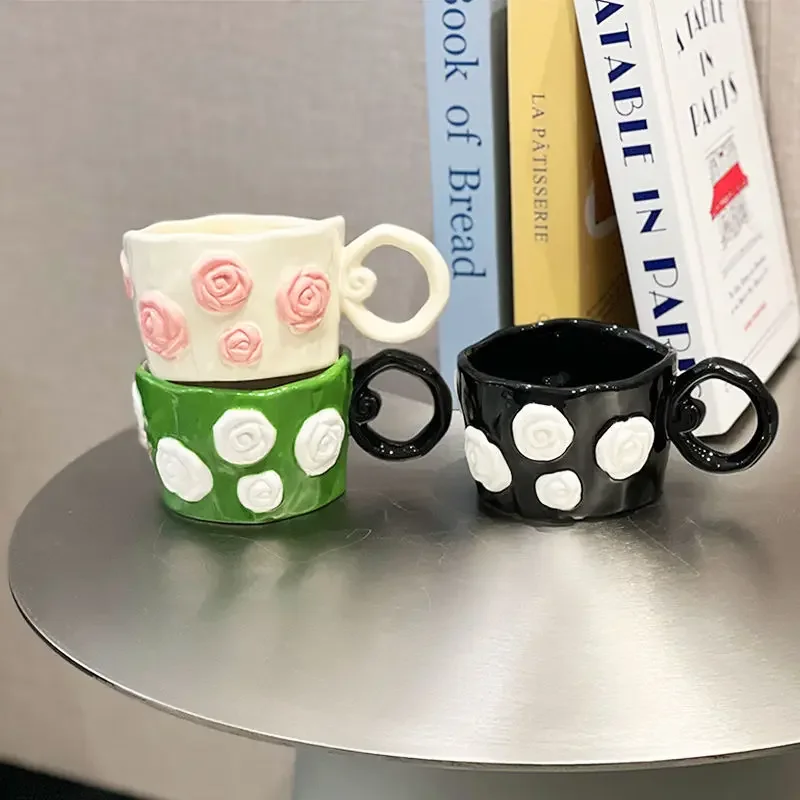 

Girl's Heart 3D Relief Rose Ceramic Mug Couple Drinking Water Coffee Cup Gift Handheld Gift