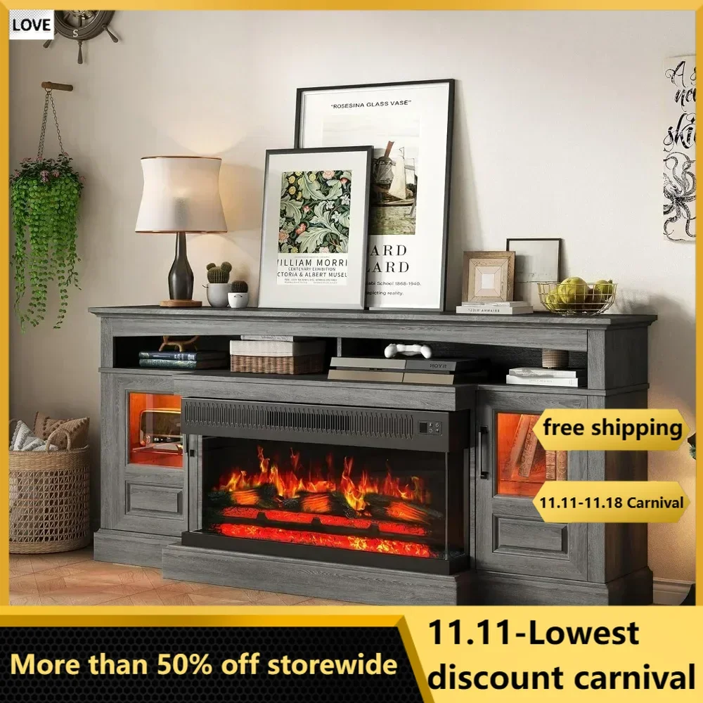 

Farmhouse Fireplace TV Stand, 70" Entertainment Center with 36in 3 Sided Electric Fireplace, 20 Flame Colors, Fireplace TV Stand