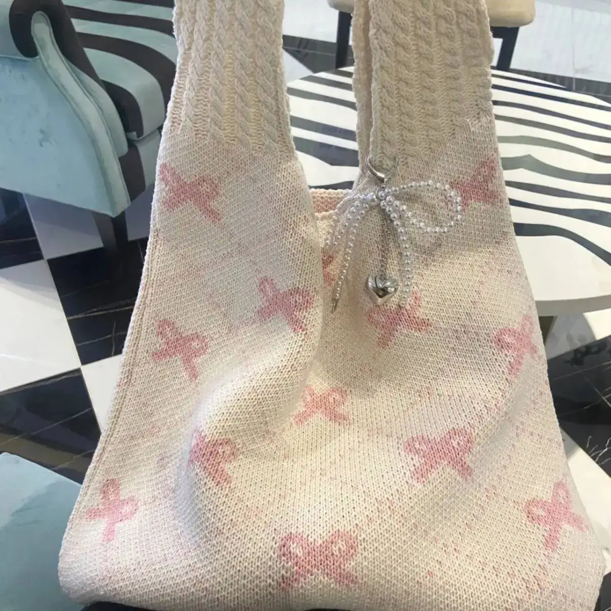 

Bloom Haruku Bow Knitted Women Fairycore Aesthetic Large Capacity Casual Tote Bag Female Vintage Y2k Handbag Purse Chic