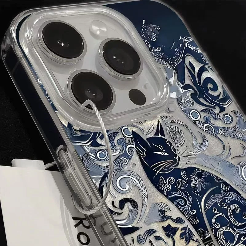 เคสโทรศัพท์ลายแมวโทเท็มสีน้ำเงินสำหรับ Oppo Reno13 Reno12 Reno11 Reno10 Reno8 Reno7 Reno6 Z T Pro 4G 5G  ฝาหลังลายขนนก