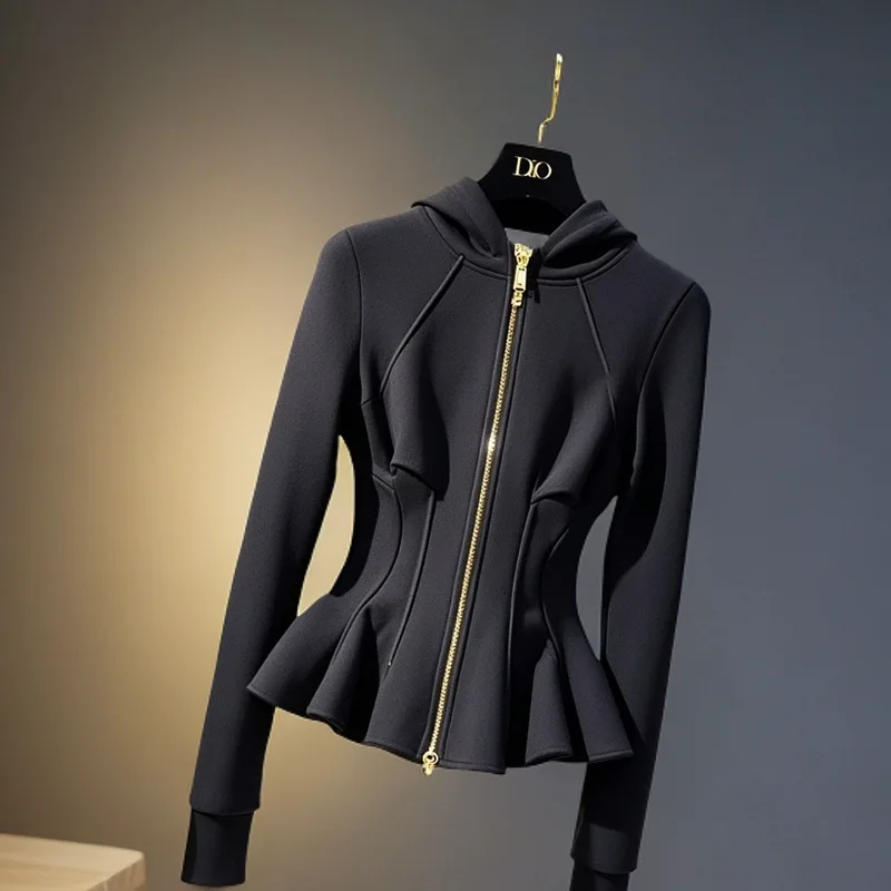 Black hooded sweater 2025 spring senior feeling super good-looking, unique and beautiful waist short jacket