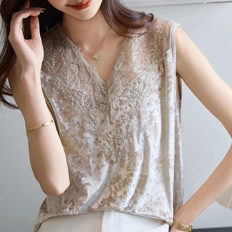 

Летняя одежда 2026: Женская блузка без рукавов с V-образным вырезом, бархатными вставками, кружевом и пайетками, сексуальный топ-жилет