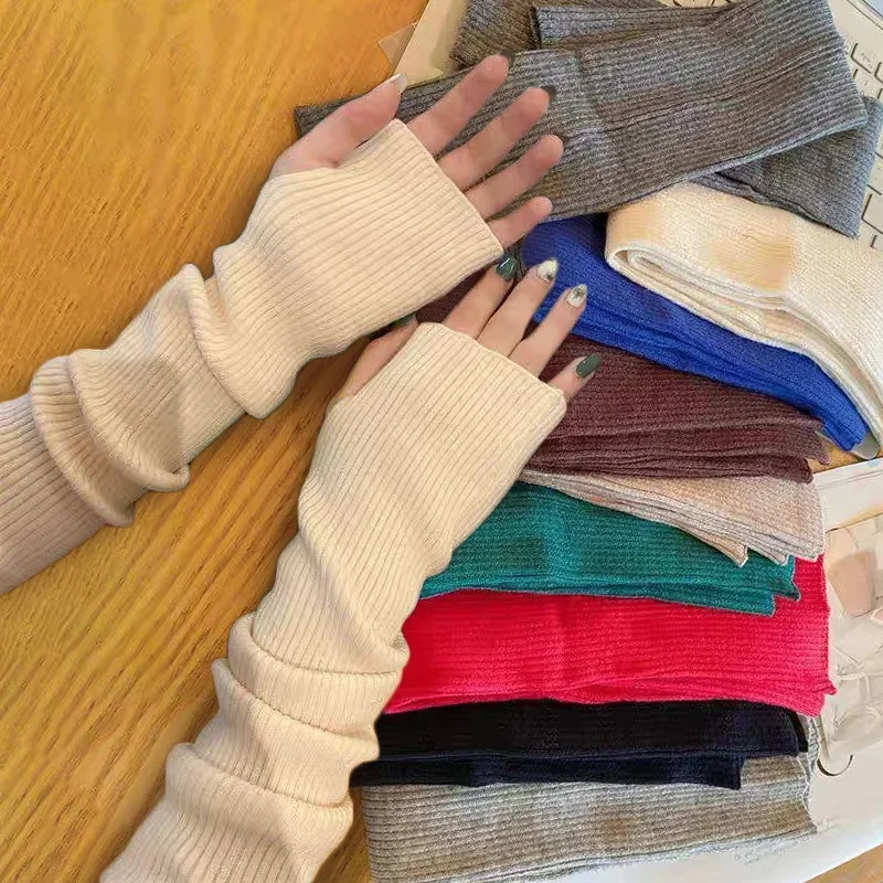 Knitted Long Fingerless Gloves Women Mitten Winter Y2K Solid Arm Warmer Sleeves Fashion Casual Soft Girls Clothes Punk Glove