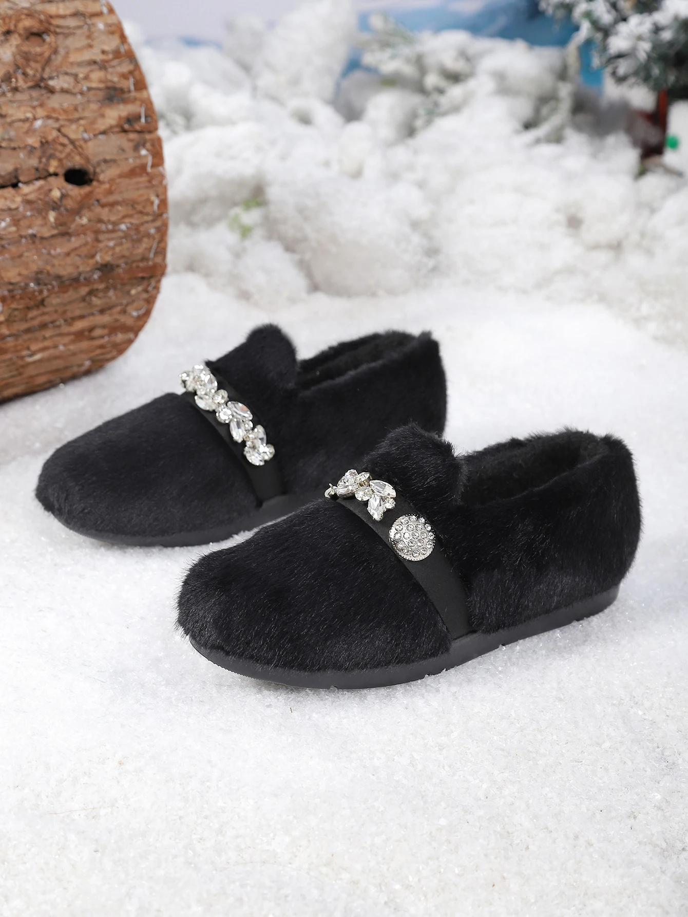 Damenstiefel, Pelzstiefel, Winterstiefel, flauschig, mit Strassverzierung, zum Hineinschlüpfen, warm, mit Fleece gefüttert, weiche Sohle, lässige Outdoor-Damenschuhe – Detail 10