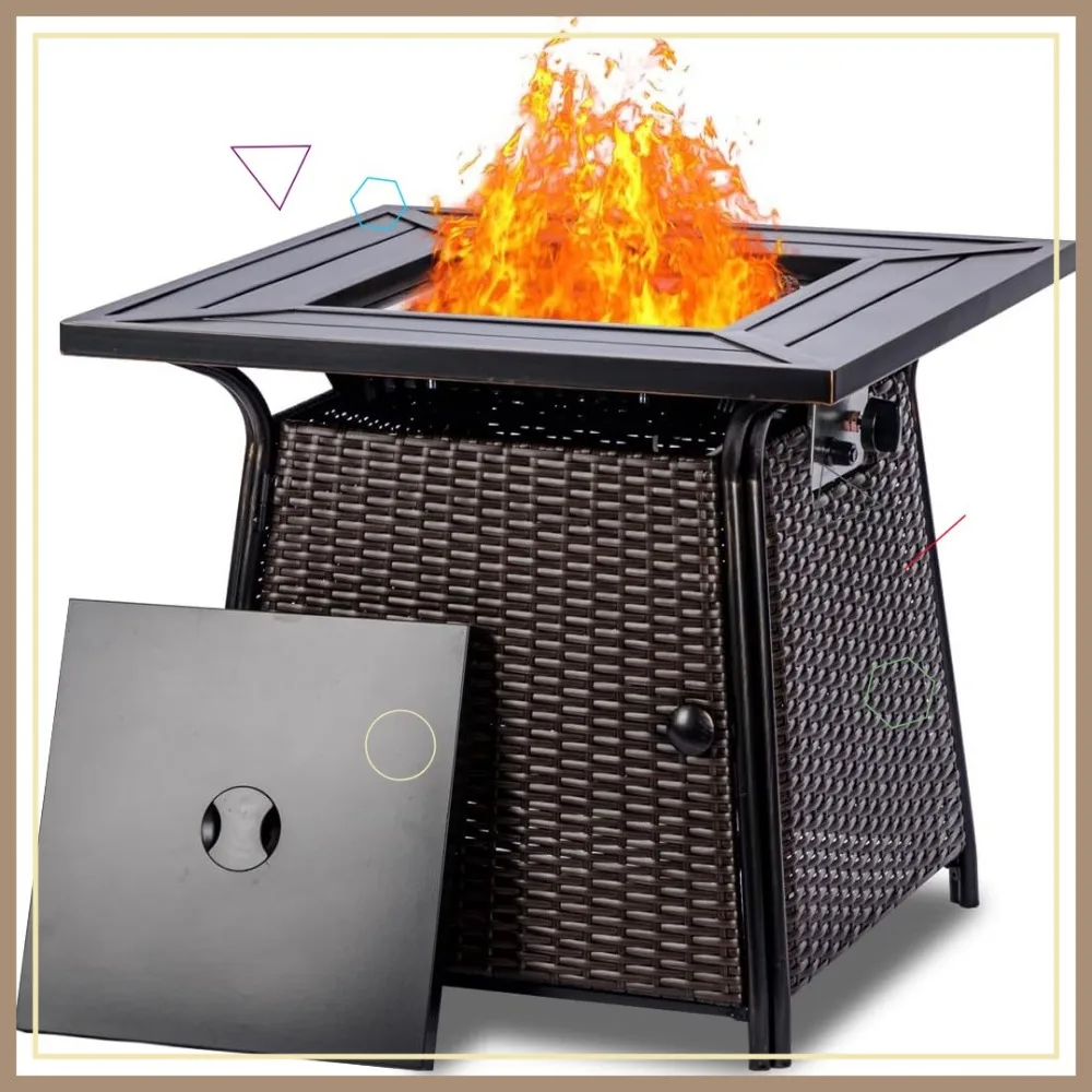 

28 Inch Brown Rattan Propane Fire Pit Table with Lid & Lava Rocks, 50,000 BTU for Outdoor Garden and Yard